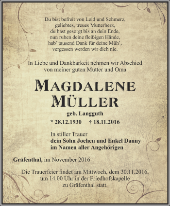 Traueranzeige von Magdalene Müller von Ostthüringer Zeitung