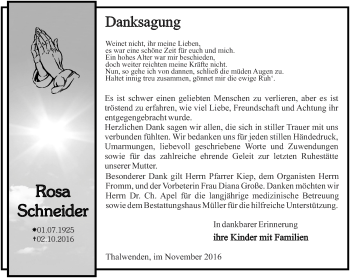 Traueranzeige von Rosa Schneider von Thüringer Allgemeine