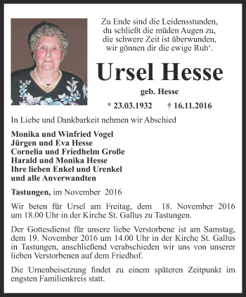 Traueranzeige von Ursel Hesse von Thüringer Allgemeine