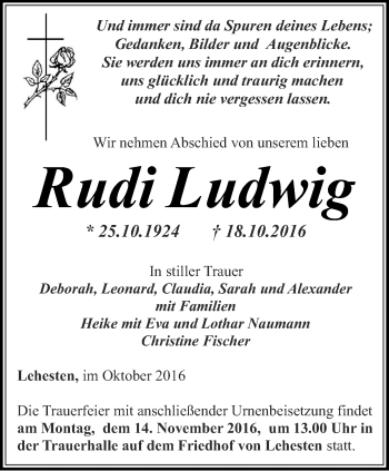 Traueranzeige von Rudi Ludwig von Ostthüringer Zeitung