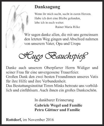 Traueranzeige von Hugo Bauchspieß von Thüringer Allgemeine, Thüringische Landeszeitung