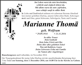 Traueranzeige von Marianne Thomä von Ostthüringer Zeitung