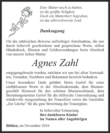 Traueranzeige von Agnes Zahl von Thüringer Allgemeine