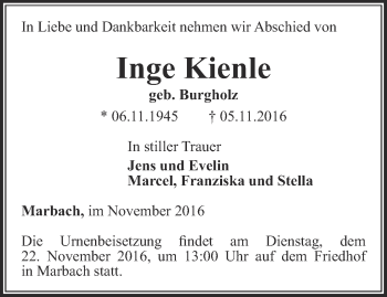 Traueranzeige von Inge Kienle von Thüringer Allgemeine, Thüringische Landeszeitung