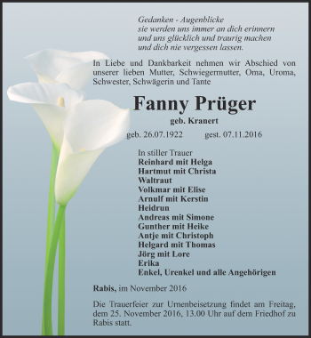 Traueranzeige von Fanny Prüger von Ostthüringer Zeitung