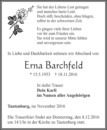 Traueranzeige von Erna Barchfeld von Ostthüringer Zeitung, Thüringische Landeszeitung