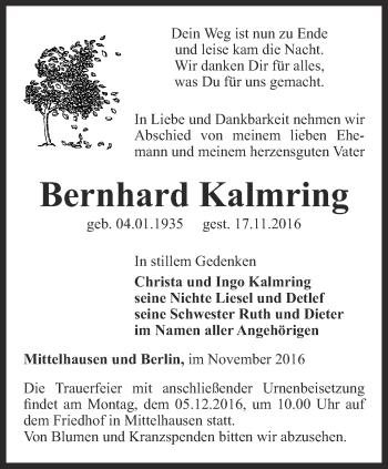 Traueranzeige von Bernhard Kalmring von Thüringer Allgemeine, Thüringische Landeszeitung