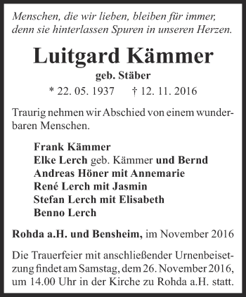 Traueranzeige von Luitgard Kämmer von Thüringer Allgemeine, Thüringische Landeszeitung