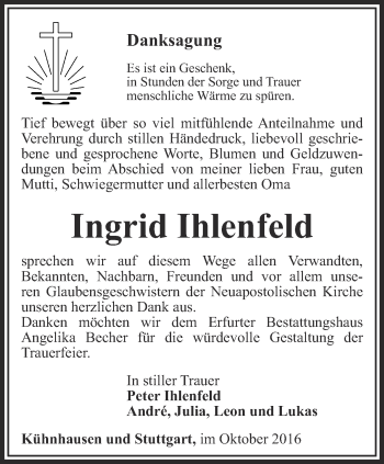 Traueranzeige von Ingrid Ihlenfeld von Thüringer Allgemeine, Thüringische Landeszeitung