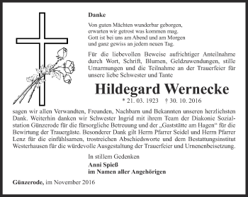 Traueranzeige von Hildegard Wernecke von Thüringer Allgemeine