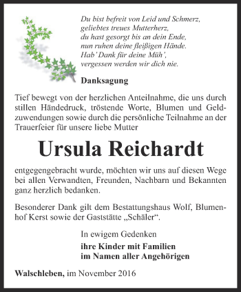 Traueranzeige von Ursula Reichardt von Thüringer Allgemeine, Thüringische Landeszeitung