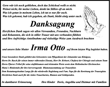 Traueranzeige von Irma Otto von Ostthüringer Zeitung