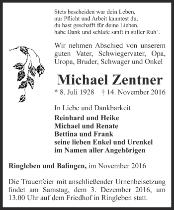 Traueranzeige von Michael Zentner von Thüringer Allgemeine, Thüringische Landeszeitung