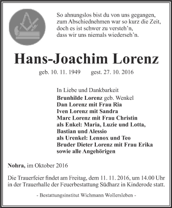 Traueranzeige von Hans-Joachim Lorenz von Thüringer Allgemeine