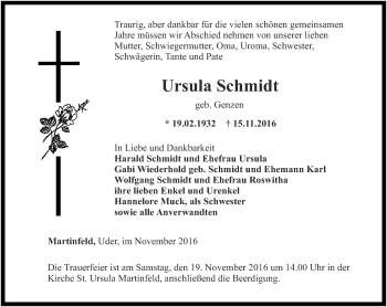 Traueranzeige von Ursula Schmidt von Thüringer Allgemeine