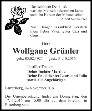 Traueranzeige von Wolfgang Grünler von Ostthüringer Zeitung