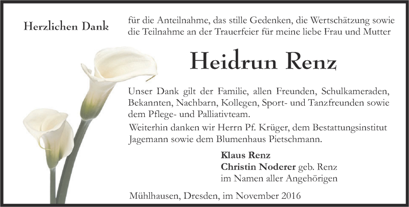  Traueranzeige für Heidrun Renz vom 19.11.2016 aus Thüringer Allgemeine, Thüringische Landeszeitung