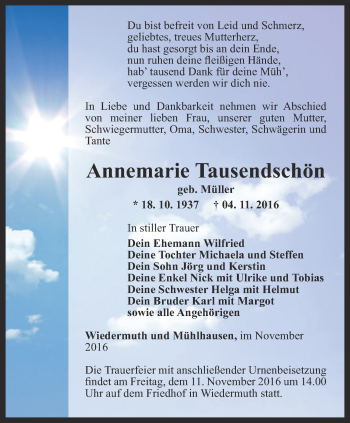 Traueranzeige von Annemarie Tausendschön von Thüringer Allgemeine