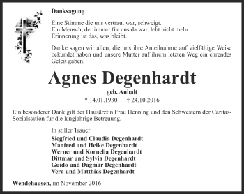 Traueranzeige von Agnes Degenhardt von Thüringer Allgemeine, Thüringische Landeszeitung