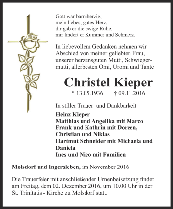 Traueranzeige von Christel Kieper von Thüringer Allgemeine, Thüringische Landeszeitung