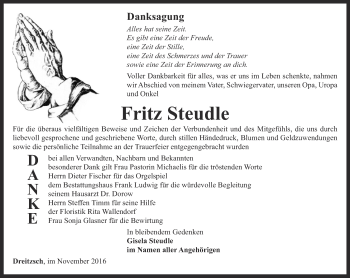 Traueranzeige von Fritz Steudle von Ostthüringer Zeitung