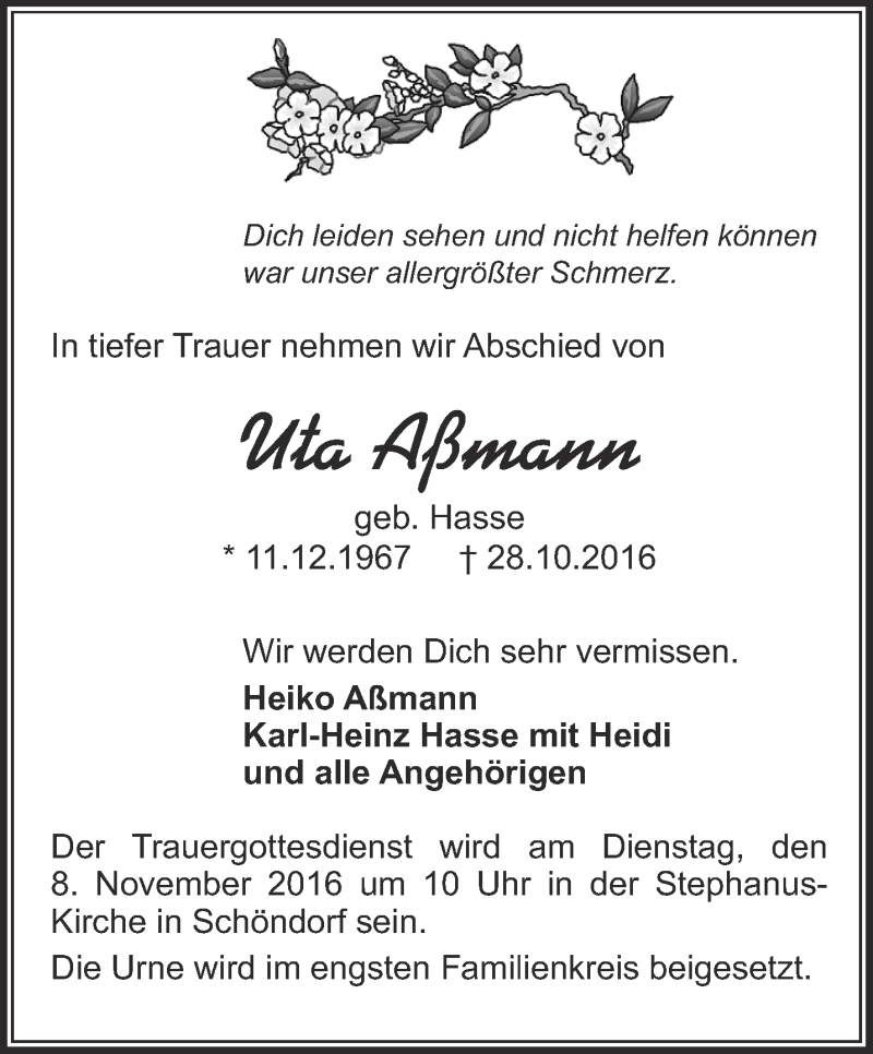  Traueranzeige für Uta Aßmann vom 04.11.2016 aus Thüringer Allgemeine, Thüringische Landeszeitung