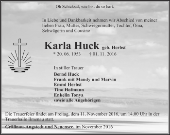 Traueranzeige von Karla Huck von Thüringer Allgemeine