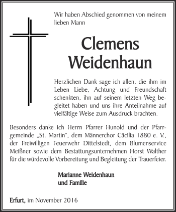 Traueranzeige von Clemens Weidenhaun von Thüringer Allgemeine, Thüringische Landeszeitung