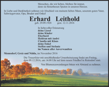 Traueranzeige von Erhard Leithold von Ostthüringer Zeitung