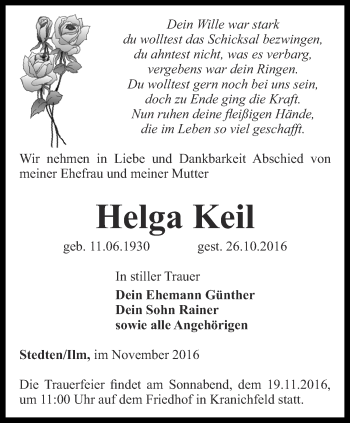 Traueranzeige von Helga Keil von Thüringer Allgemeine, Thüringische Landeszeitung