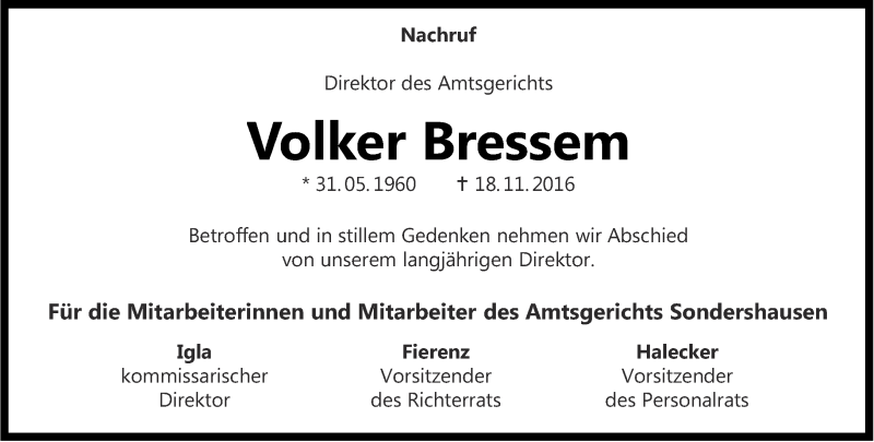  Traueranzeige für Volker Bressem vom 30.11.2016 aus Thüringer Allgemeine