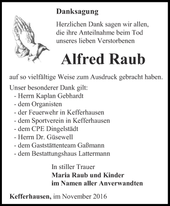 Traueranzeige von Alfred Raub von Thüringer Allgemeine