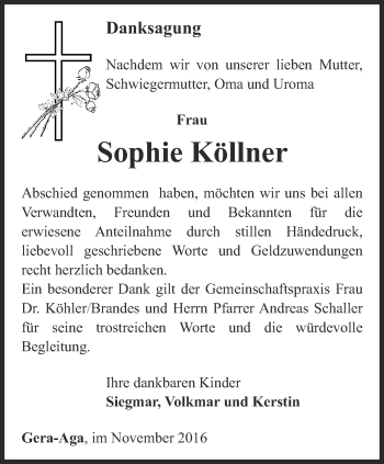 Traueranzeige von Sophie Köllner von Ostthüringer Zeitung