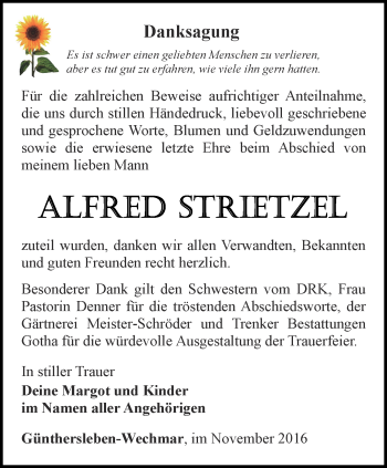 Traueranzeige von Alfred Strietzel von Ostthüringer Zeitung, Thüringische Landeszeitung