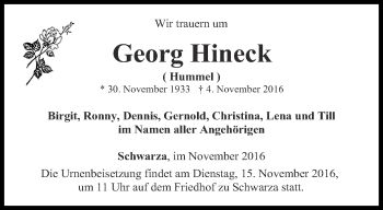 Traueranzeige von Georg Hineck von Ostthüringer Zeitung