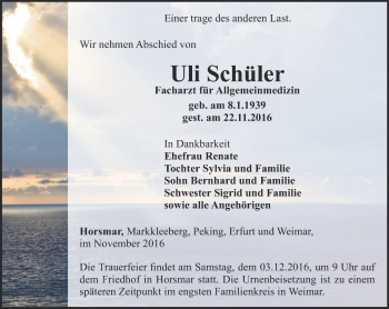 Traueranzeige von Ulrich Schüler von Thüringer Allgemeine, Thüringische Landeszeitung