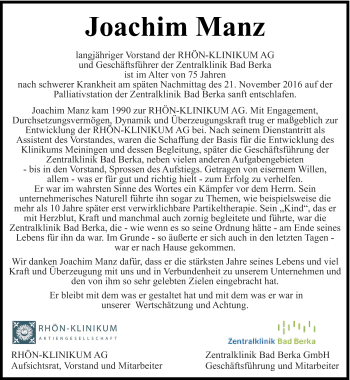 Traueranzeige von Joachim Manz von Thüringer Allgemeine, Thüringische Landeszeitung, Ostthüringer Zeitung