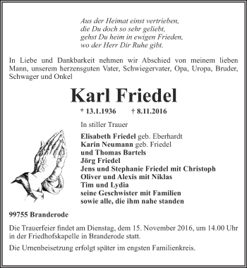 Traueranzeige von Karl Friedel von Thüringer Allgemeine