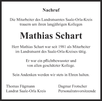 Traueranzeige von Mathias Schart von Ostthüringer Zeitung