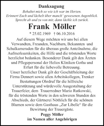 Traueranzeige von Frank Möller von Ostthüringer Zeitung, Thüringische Landeszeitung