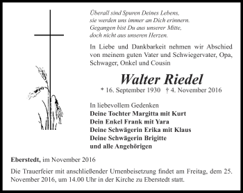 Traueranzeige von Walter Riedel von Thüringer Allgemeine, Thüringische Landeszeitung