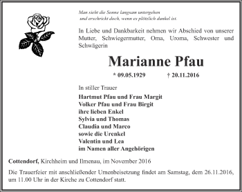 Traueranzeige von Marianne Pfau von Thüringer Allgemeine