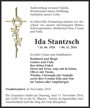 Traueranzeige von Ida Stantzsch von Thüringer Allgemeine, Thüringische Landeszeitung