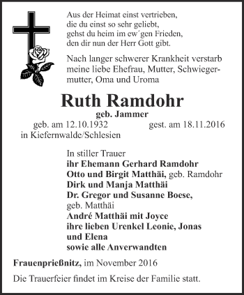 Traueranzeige von Ruth Ramdohr von Ostthüringer Zeitung, Thüringische Landeszeitung