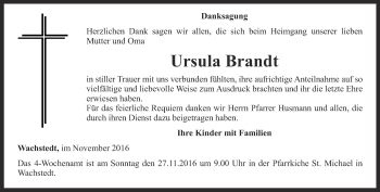 Traueranzeige von Ursula Brandt von Thüringer Allgemeine, Thüringische Landeszeitung