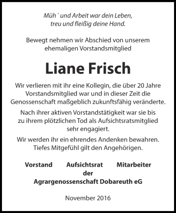 Traueranzeige von Liane Frisch von Ostthüringer Zeitung