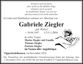 Traueranzeige von Gabriele Ziegler von Thüringer Allgemeine, Thüringische Landeszeitung