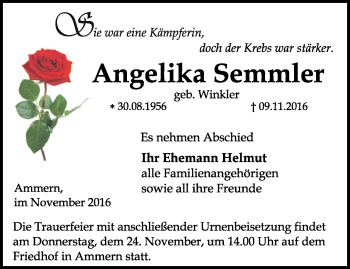 Traueranzeige von Angelika Semmler von Thüringer Allgemeine, Thüringische Landeszeitung