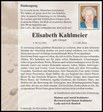 Traueranzeige von Elisabeth Kahlmeier von Thüringer Allgemeine