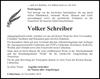 Traueranzeige von Volker Schreiber von Ostthüringer Zeitung